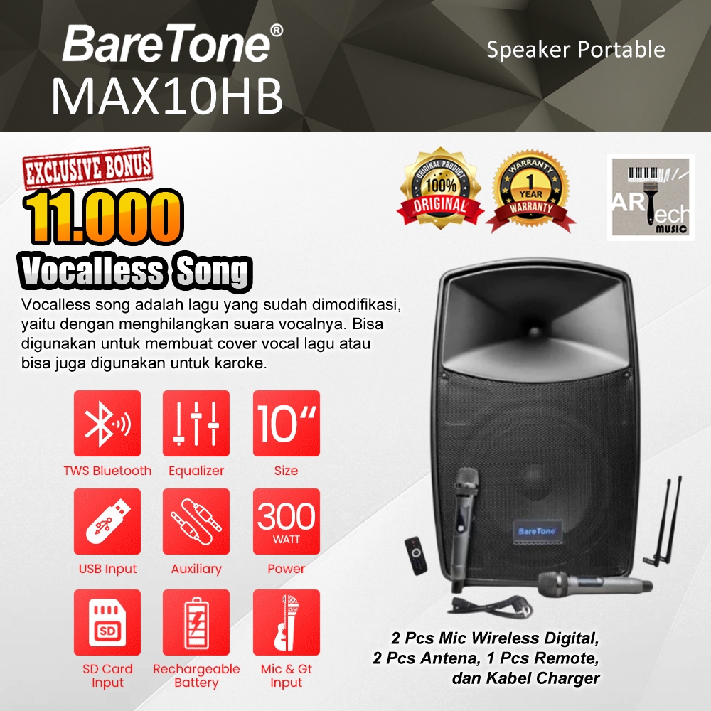 Baretone MAX10HB / MAX 10HB / MAX 10 HB Speaker Portable Bluetooth 10inch Deskripsi Produk