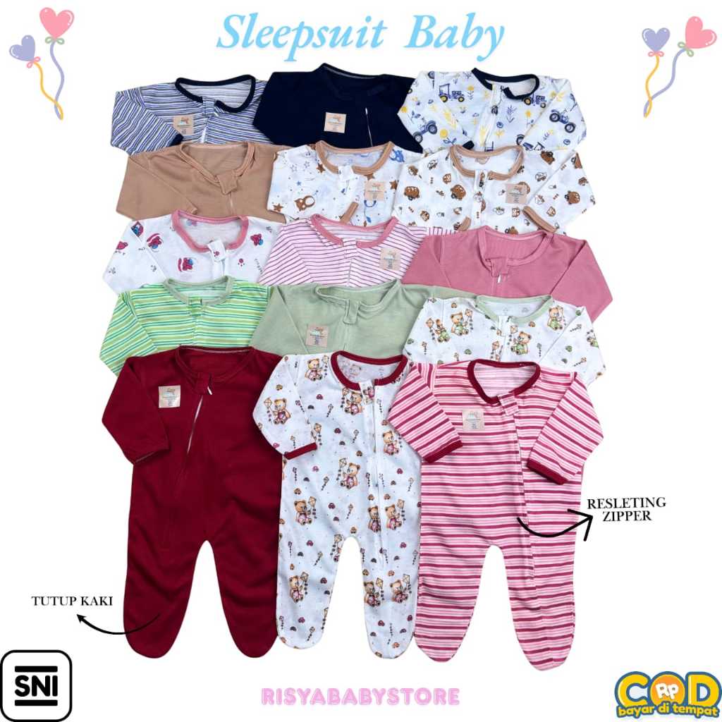 Risyababystore 3pcs Sleepsuit bayi baru lahir zipper tutup kaki Sleepsuit Zipper murah bodysuit baby