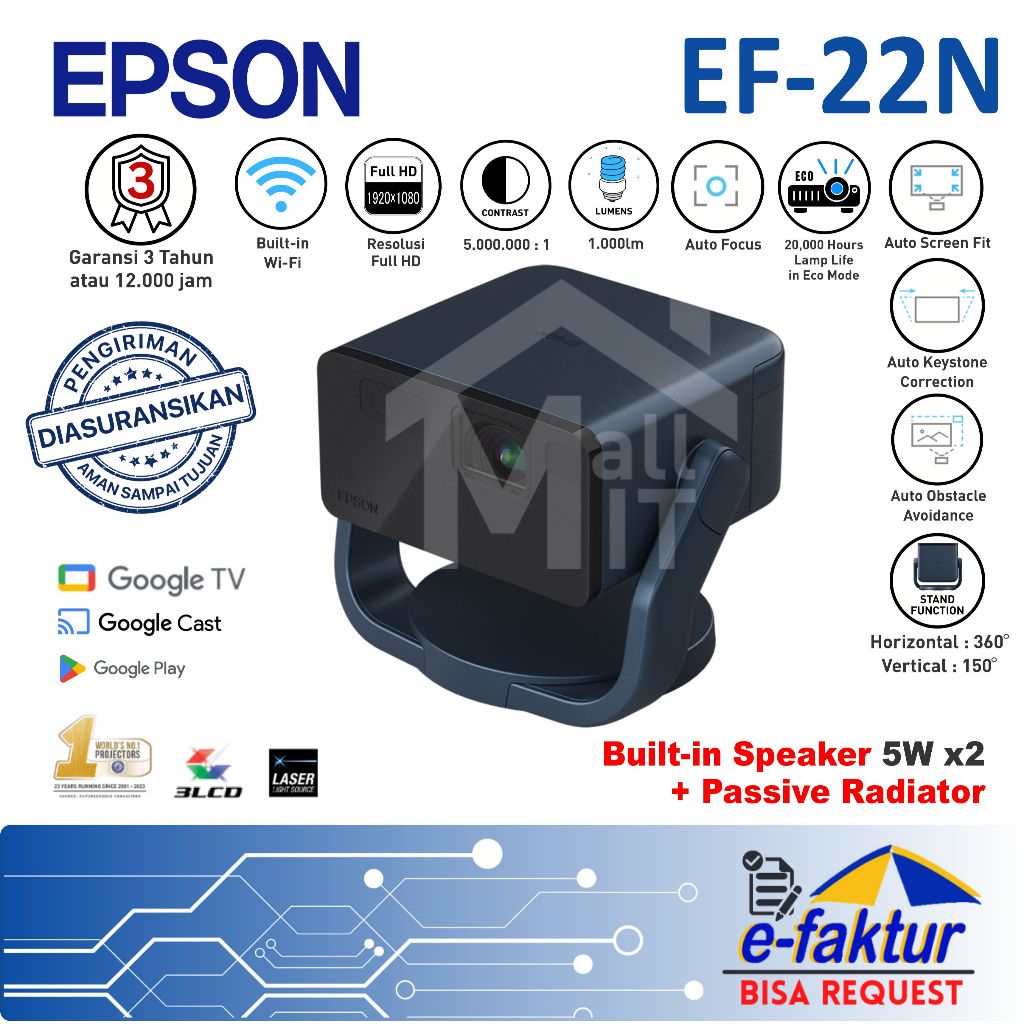 MALLIT EPSON Proyektor Laser Epson EpiqVision Mini EF-22N EF22N EF 22N FULL HD 1.000 Lumens Android 