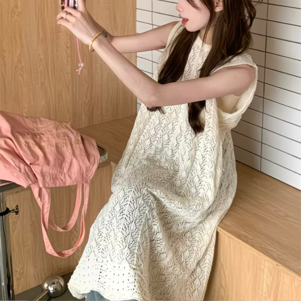 Woman Dress Katun Tipis Rajut - Tank Dress Midi Panjang Kerut & Bolong