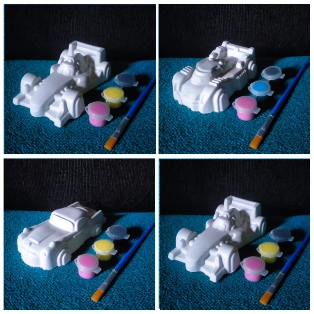 Mainan edukasi anak, mewarnai patung lukis gypsum, karakter kendaraan mobilan balap ukuran besar