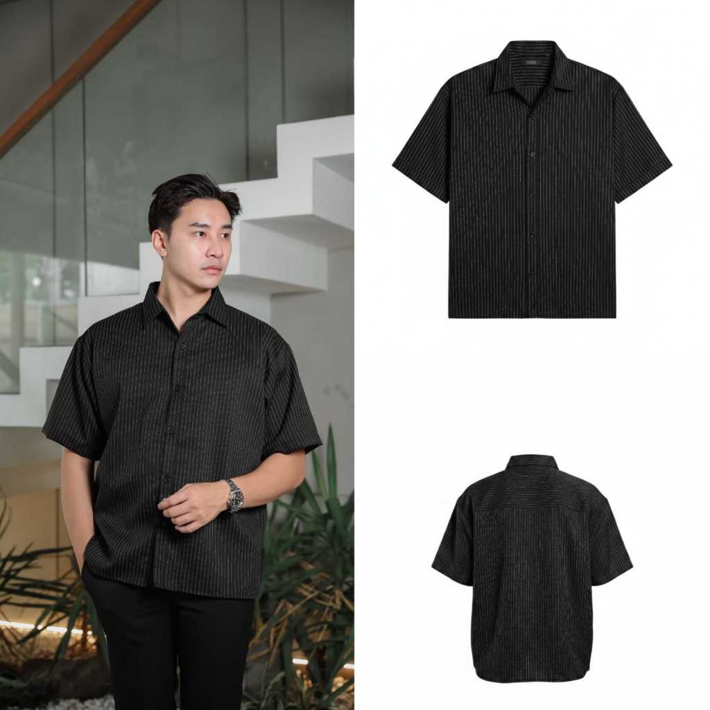 Kemeja Lengan Pendek Flame Oversize Semi Wool Salur - Kemeja semi wool garis garis