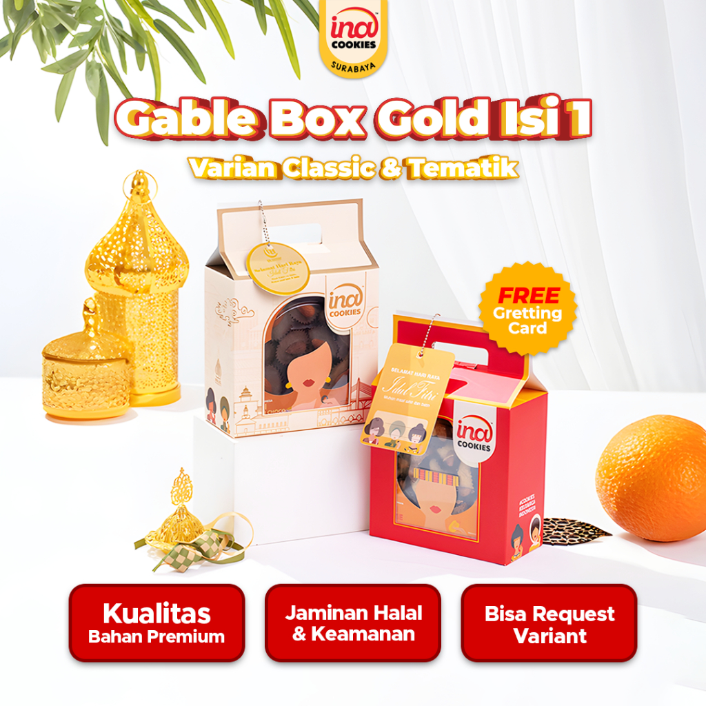 Hampers Lebaran INA COOKIES Surabaya GABLE BOX GOLD ISI 1 Parcel Kue Kering Premium Snack Idul Fitri