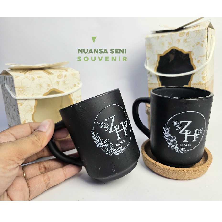 Souvenir Pernikahan Gelas CG Kaca Lily Cangkir Kopi Gagang Mug Teh Tumbler Doff Hitam Sablon