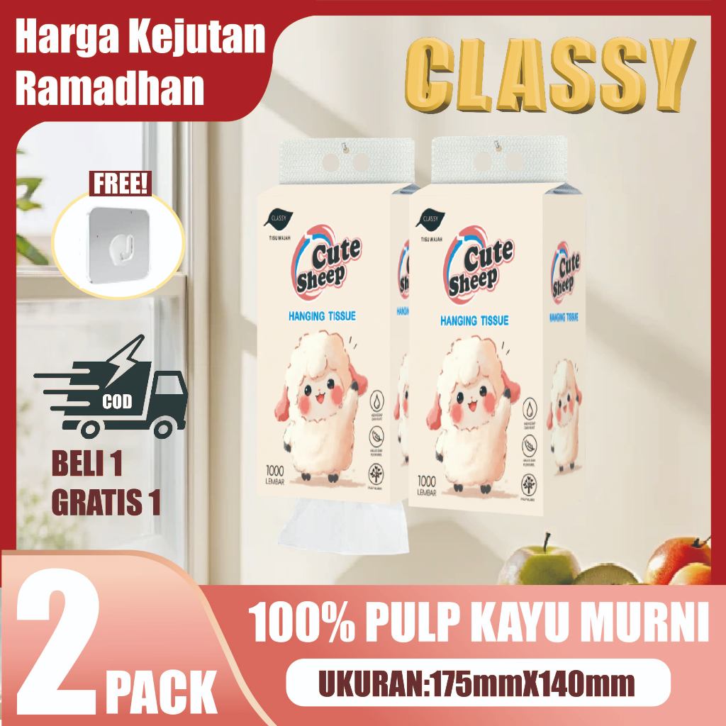 [Promosi Ramadan: Beli 1 Gratis 1] CLASSY Tisu Gantung 3 Ply Karakter Domba Imut - Ukuran 3X Lebih B