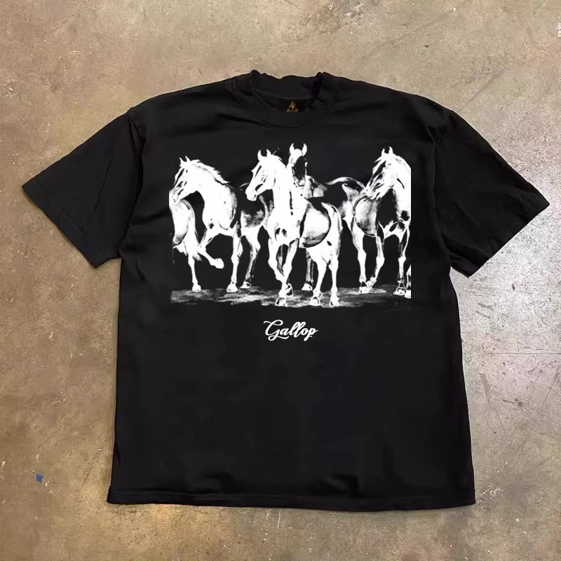 Kaos T-shirt Pria Wanita Oversize L-6XL - Motif Kuda Berlari "Gallop" Hitam Putih Kekinian