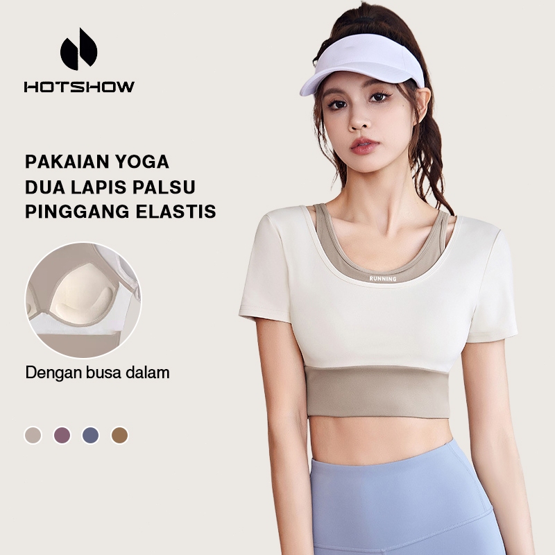 Kaos Olahraga Slim Fit Wanita Tank Top Lari Kebugaran Lengan Pendek Dua Potong Palsu Atasan Cepat Ke
