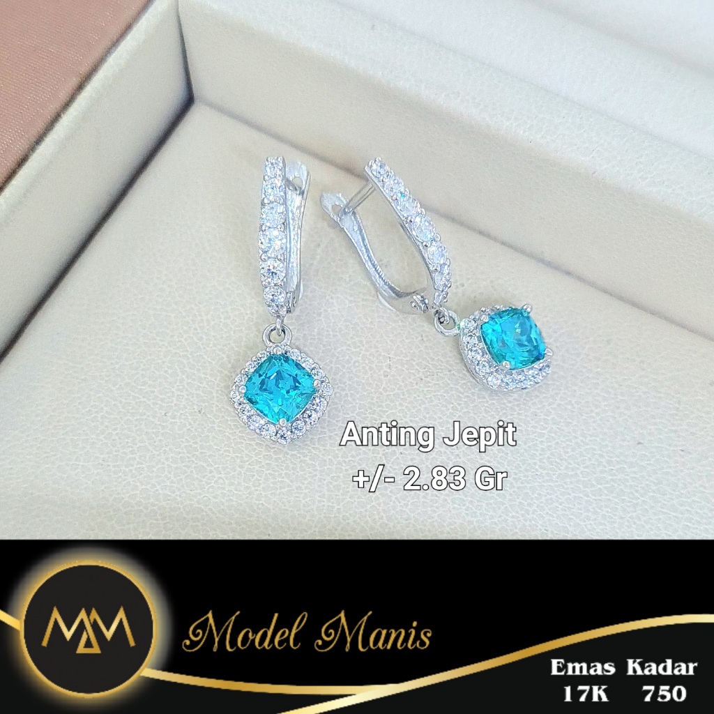 Model Manis Gold - Anting Jepit Kotak Mata Hijau Tosca Putih - Emas 17k 750