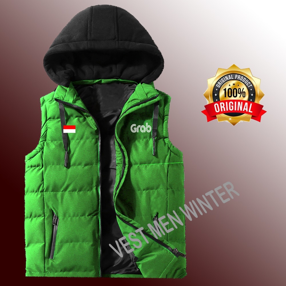 Rompi vest Winter Kupluk logo grab grabbike grabfood waterproof rompi vest taslan zipper driver ojol