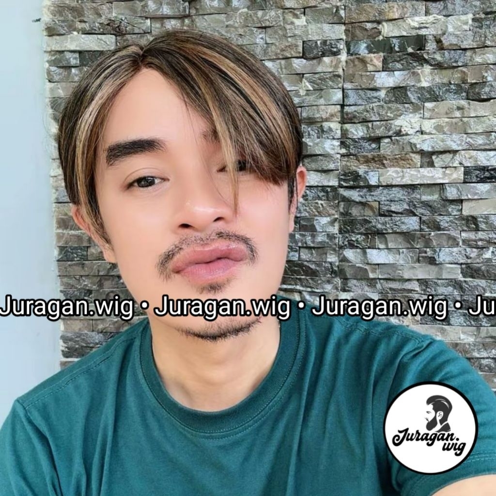 Wig Pria Korea Pendek Rambut Pria model Belah Tengah Lace Highlight black pirang