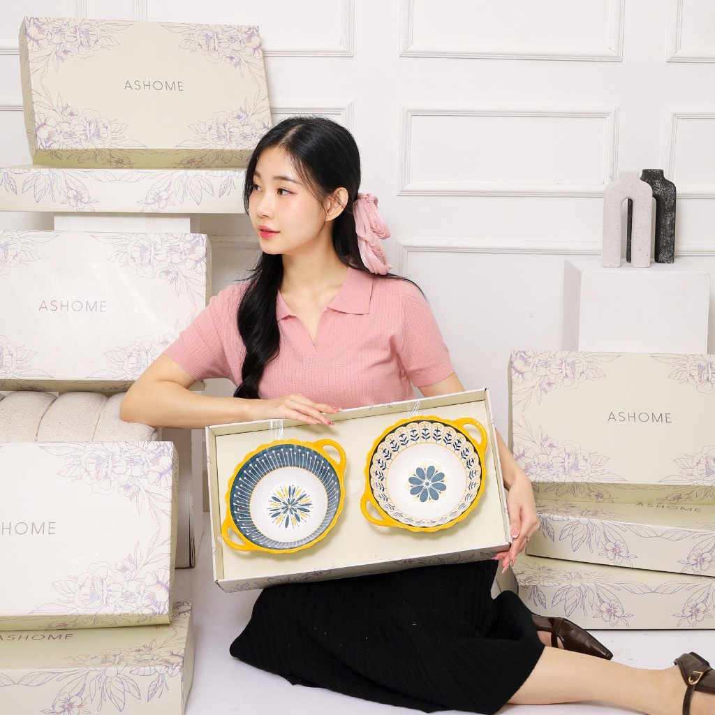 ASHOME Mangkuk saji Keramik Gift Box Isi 2 Pcs – Motif Estetik Minimalis, Cocok untuk Gift atau Hadi