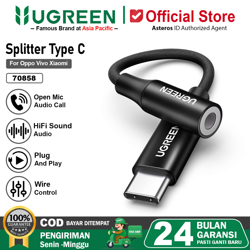 UGREEN Converter Splitter Type C To Jack 3.5mm For Oppo Mi Realme Vivo Audio, Call, Open Mic Game