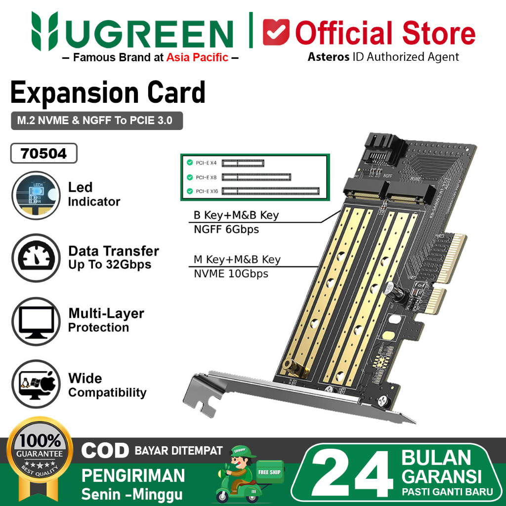 UGREEN M.2 Sata NVMe to PCI-E 3.0 X4 Expansion Card M-Key B-key 70504