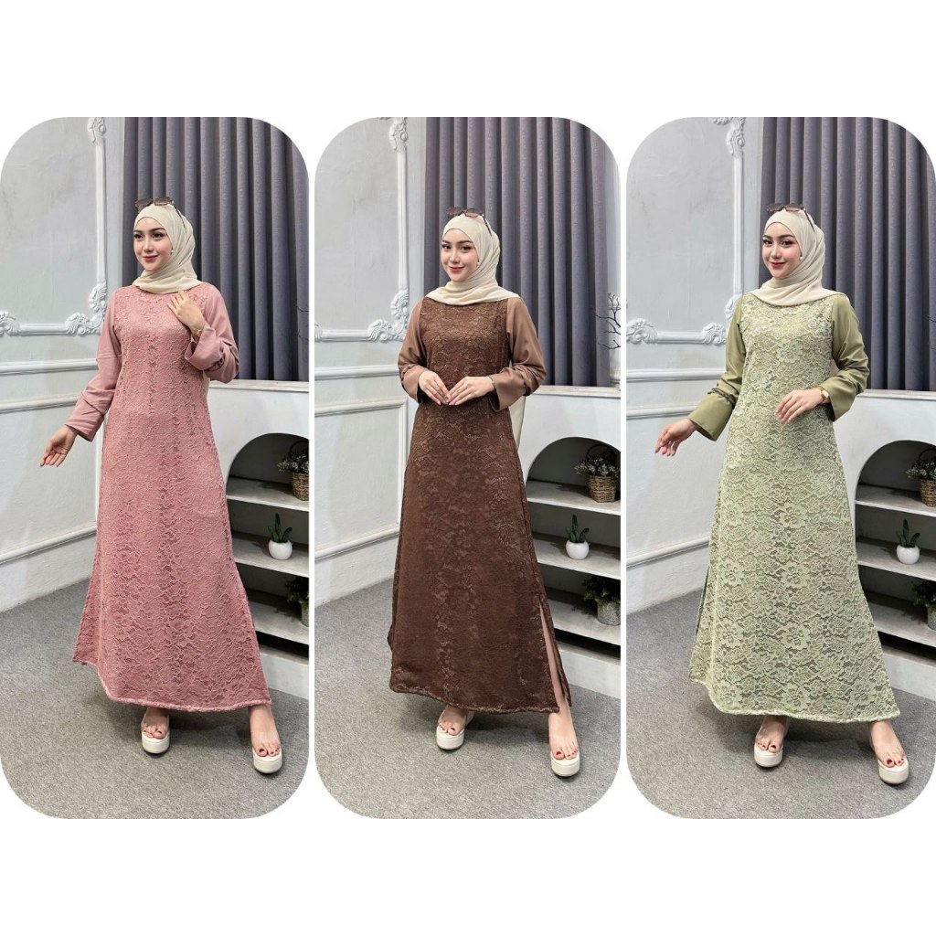 Gamis Brokat Elegan Wanita dengan Aplikasi Lengan Karet Bahan Syakila Adem Dan Lembut Baju Lebaran 2