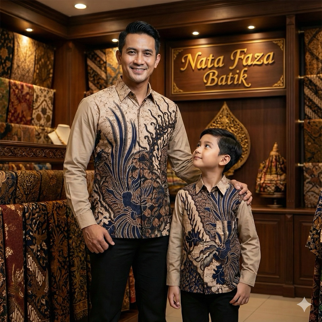 PRODUK PREMIUM Cream Muda Kemeja Baju Batik Katun Couple Ayah Anak Lengan Panjang Motif Daun Eksklus