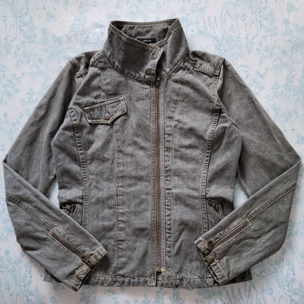 Denim & Jeans Edition | comme ca ism vintage grey denim jacket asymmetric zip biker moto funnel neck