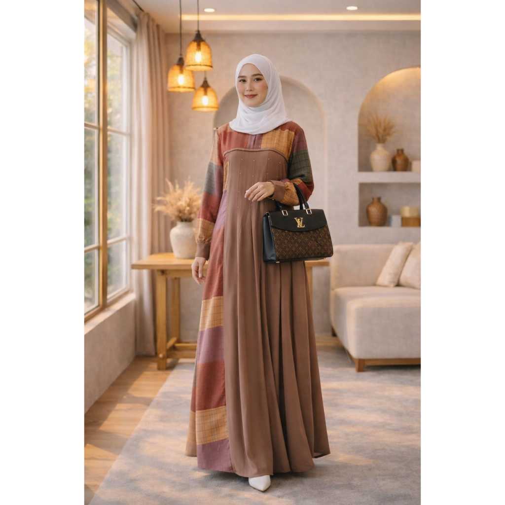 Gamis Terbaru kekinian ELiza Series 2 aluna dress ori zahin collection /polos mix motif kotak