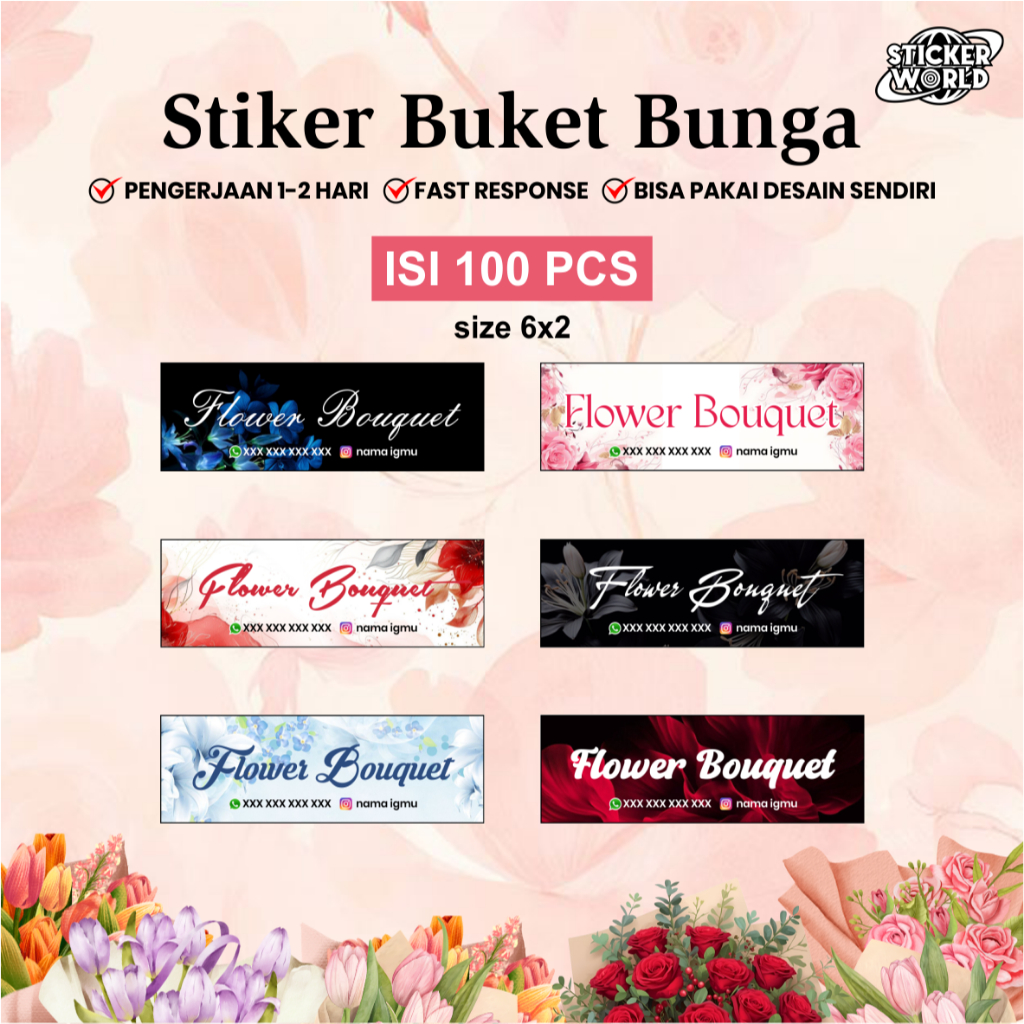 100 pcs/ stiker buket custom / label buket / cetak setiker bunga / sticker bouquet