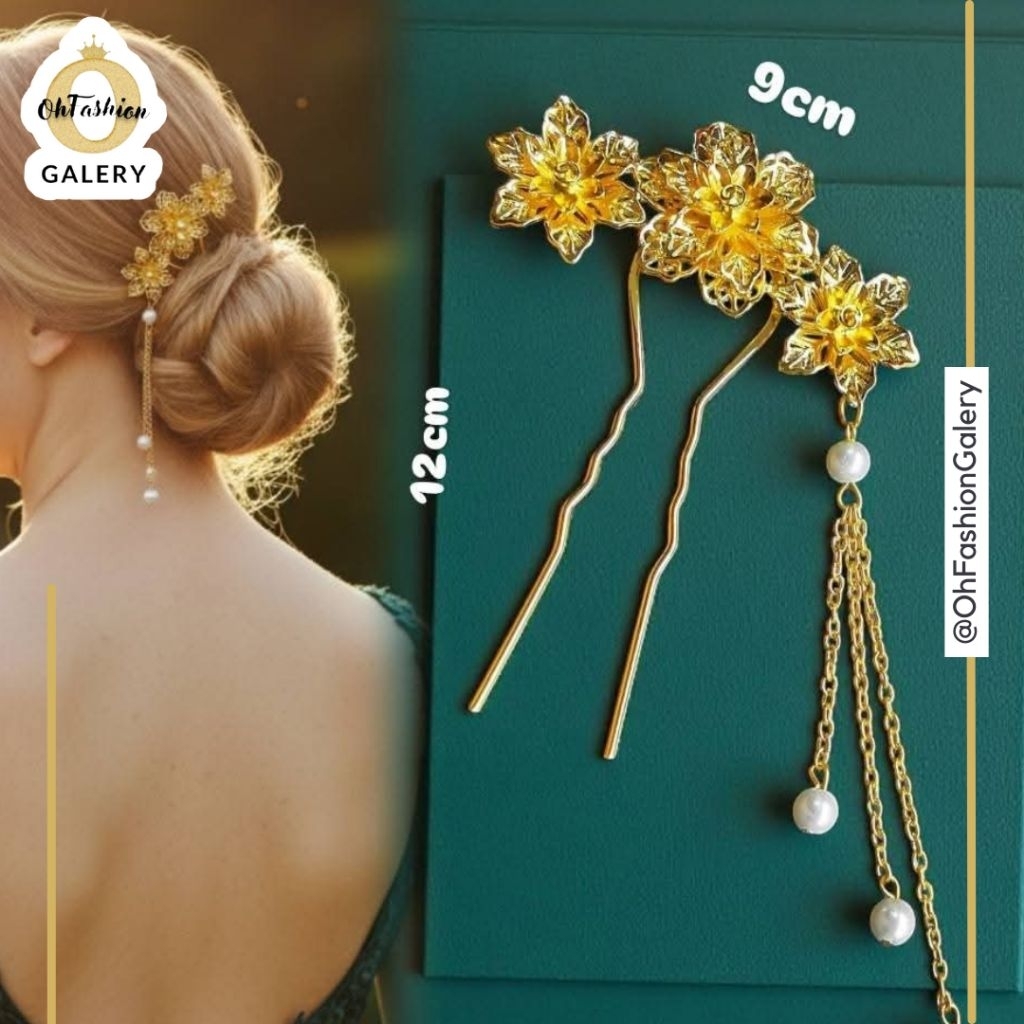 OHFASHION Tusuk Sanggul Motif Bunga Kendari Tusuk Sanggul Rambut Emas Imitasi