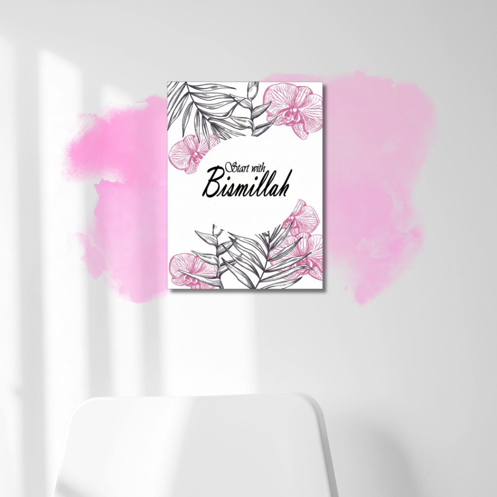 Poster Dinding Islami - Pajangan Start With Bismillah - Hiasan Dinding Floral Pink Modern - Wall Dec