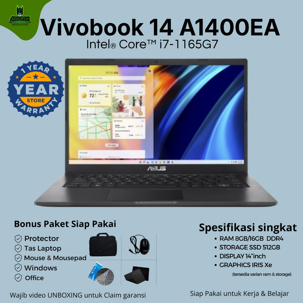 ASUS Vivobook 14 A1400EA i7-1165G7 16GB 512GB SSD Win11+Office 14.0FHD BUNDLING