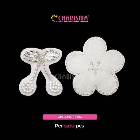 Charisma Aplikasi Bordir Bunga Putih Payet Manik - Hiasan Tempel Pakaian / Aksesoris Pakaian / Harga