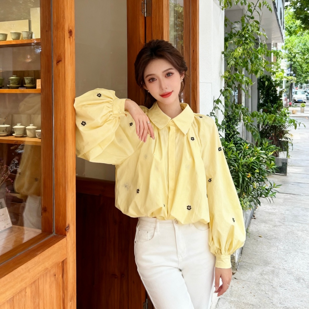 Kuning Soft Wanita Kemeja Wanita Lengan Panjang Warna Kuning Soft Bahan Katun Model Korean Style M73