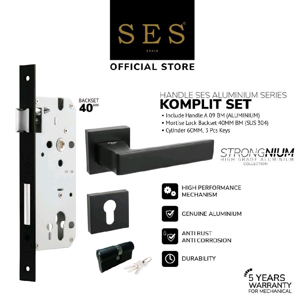 Gagang Pintu Set - Handle Pintu SES Aluminium A09 BM + Body Kunci SES ECO E2030 - 40mm BM