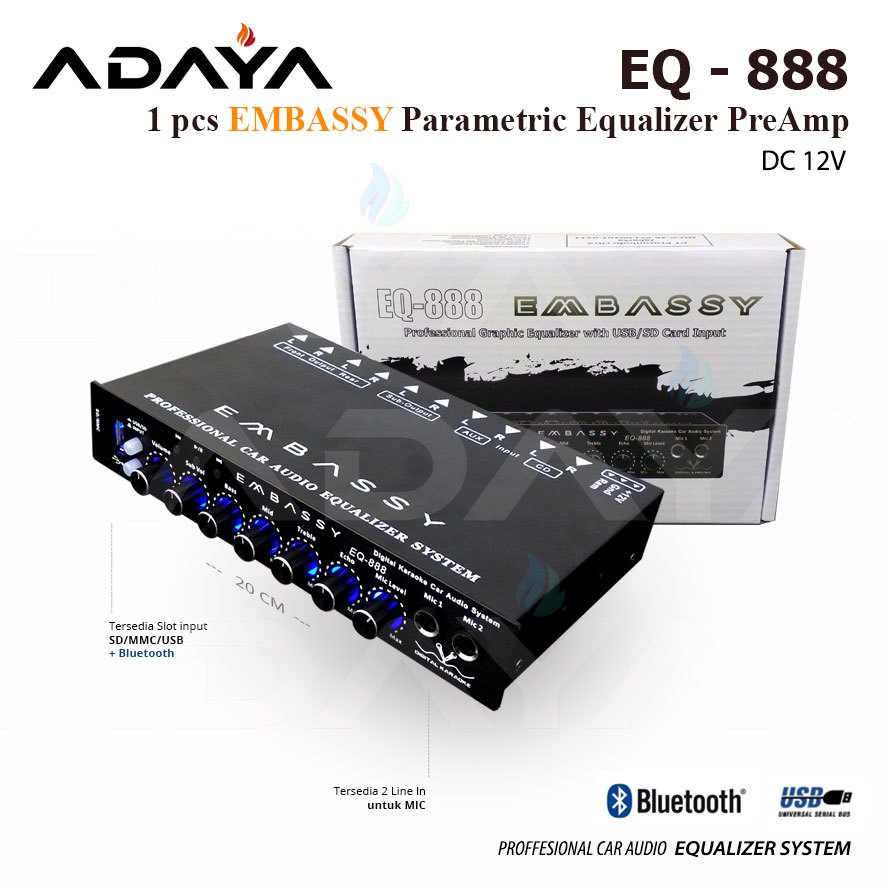 Equalizer Embassy EQ 888 Parametic EQ PreAmp Support Bluetooth USB Karaoke Audio Mobil