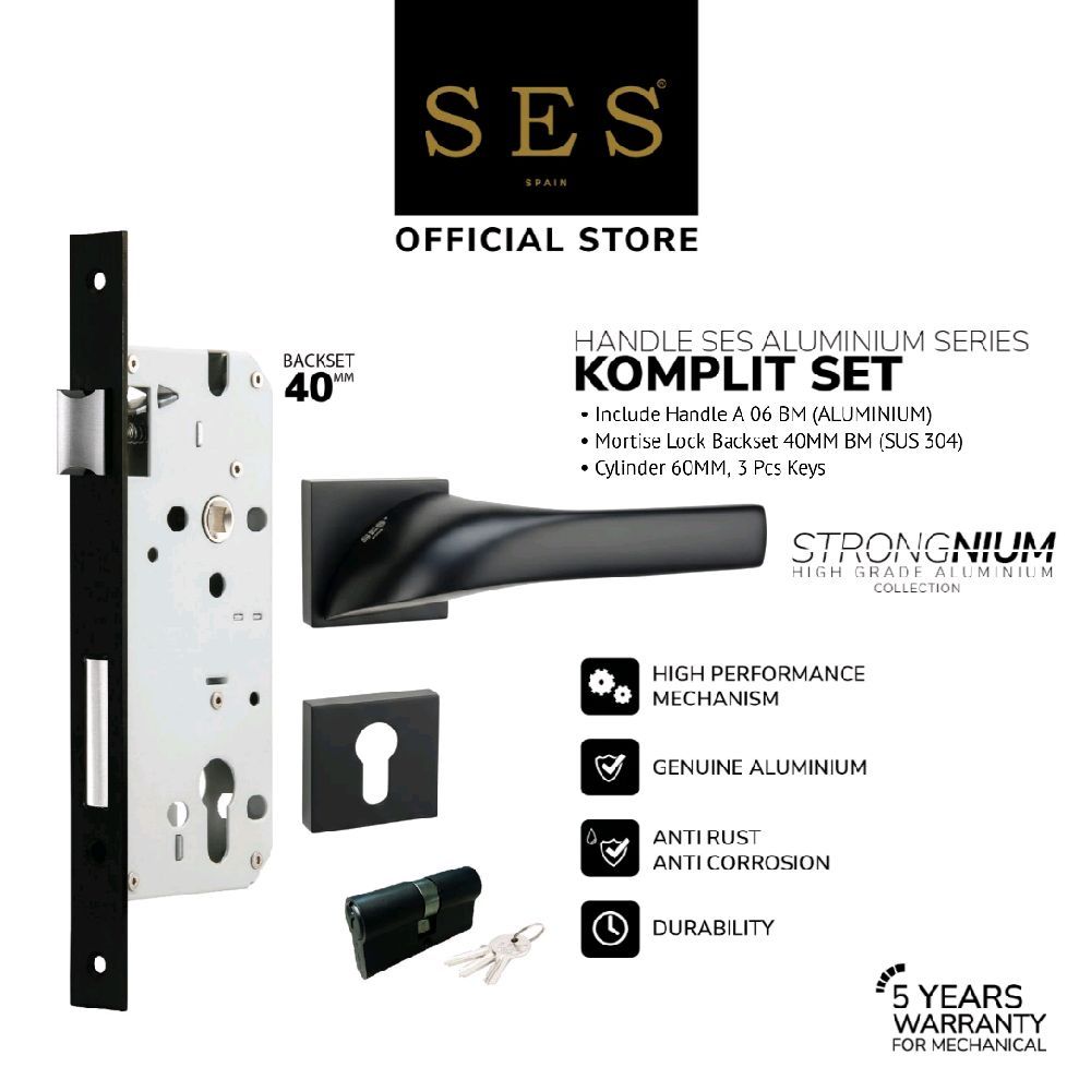 Gagang Pintu Set - Handle Pintu SES Aluminium A06 BM + Body Kunci SES ECO E2030 - 40mm BM