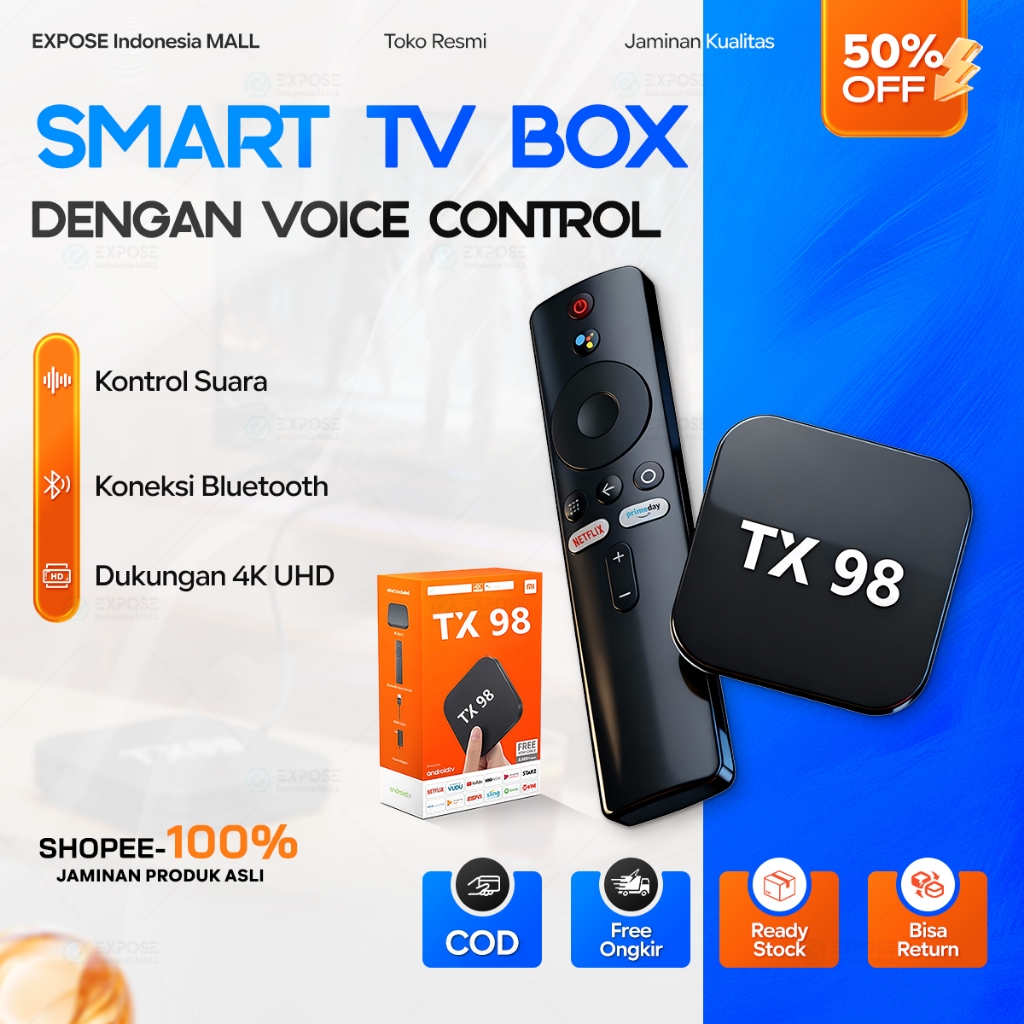 EXPOSE Android TV Box TX98 4K UHD Bluetooth Voice Control Android TV OS Streaming 4K Lancar