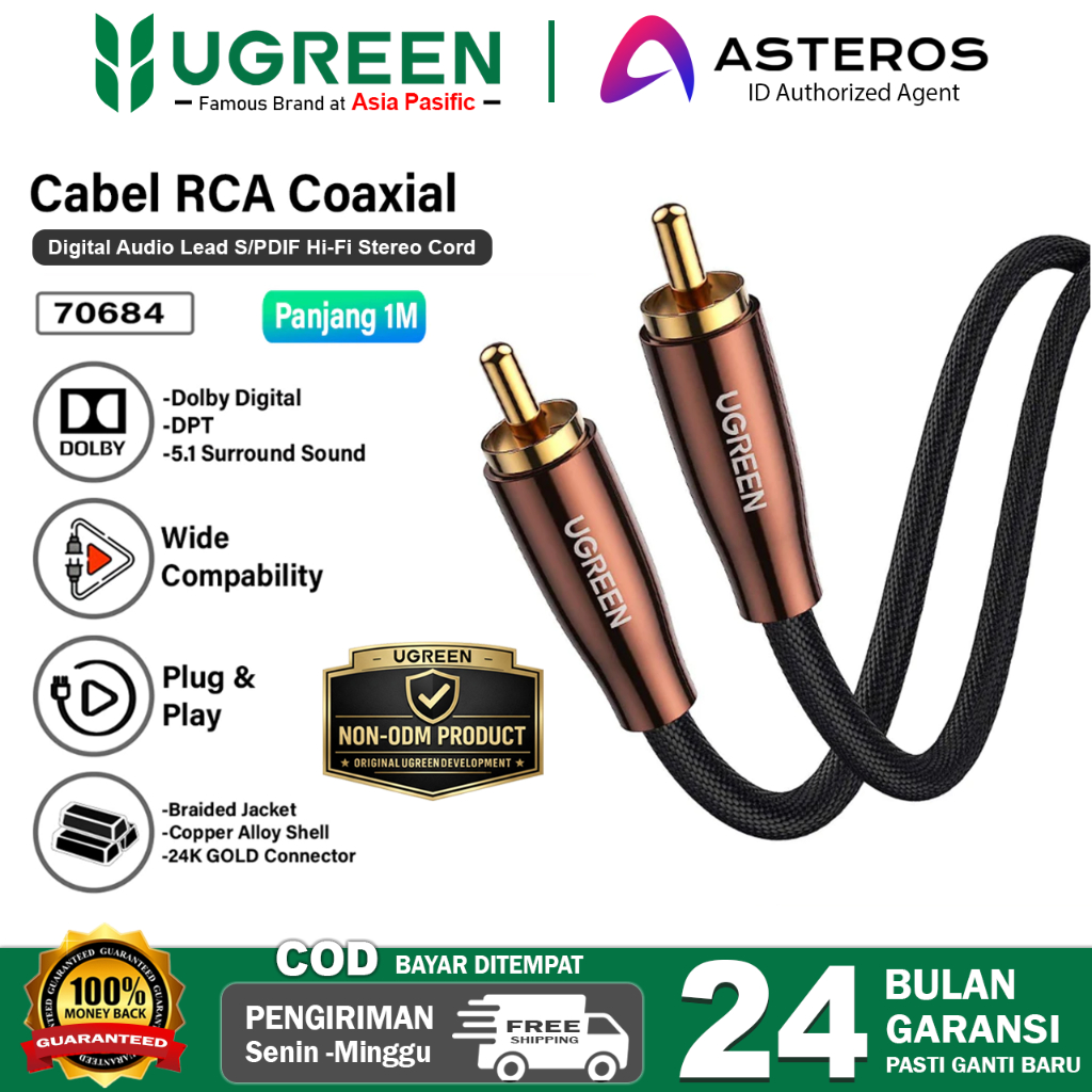 UGREEN Kabel Digital Audio Coaxial RCA HiFi 5.1 Surround Sound For Speaker DVD 70684