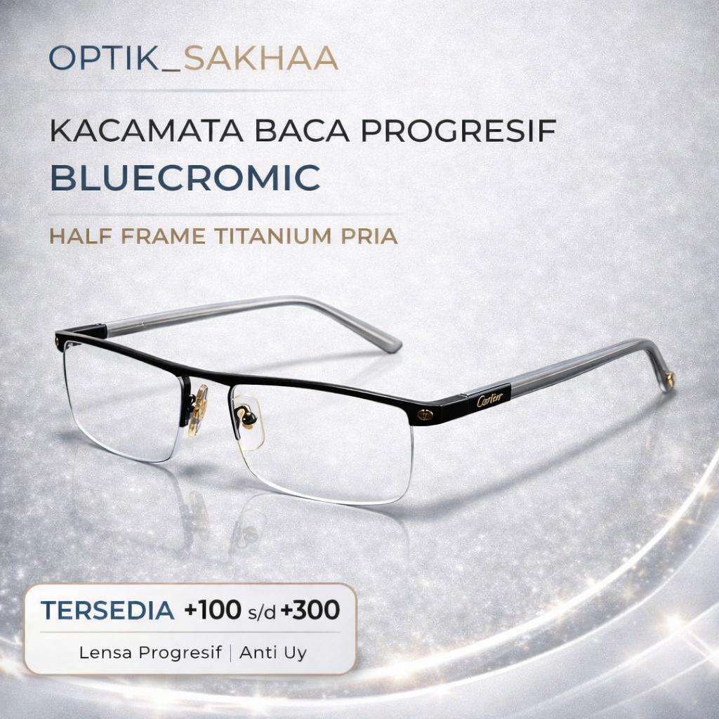 Kacamata Baca Progresif BLUECROMIC Pria Half Frame Premium Titanium Kotak Kaca Mata Plus Blueray
