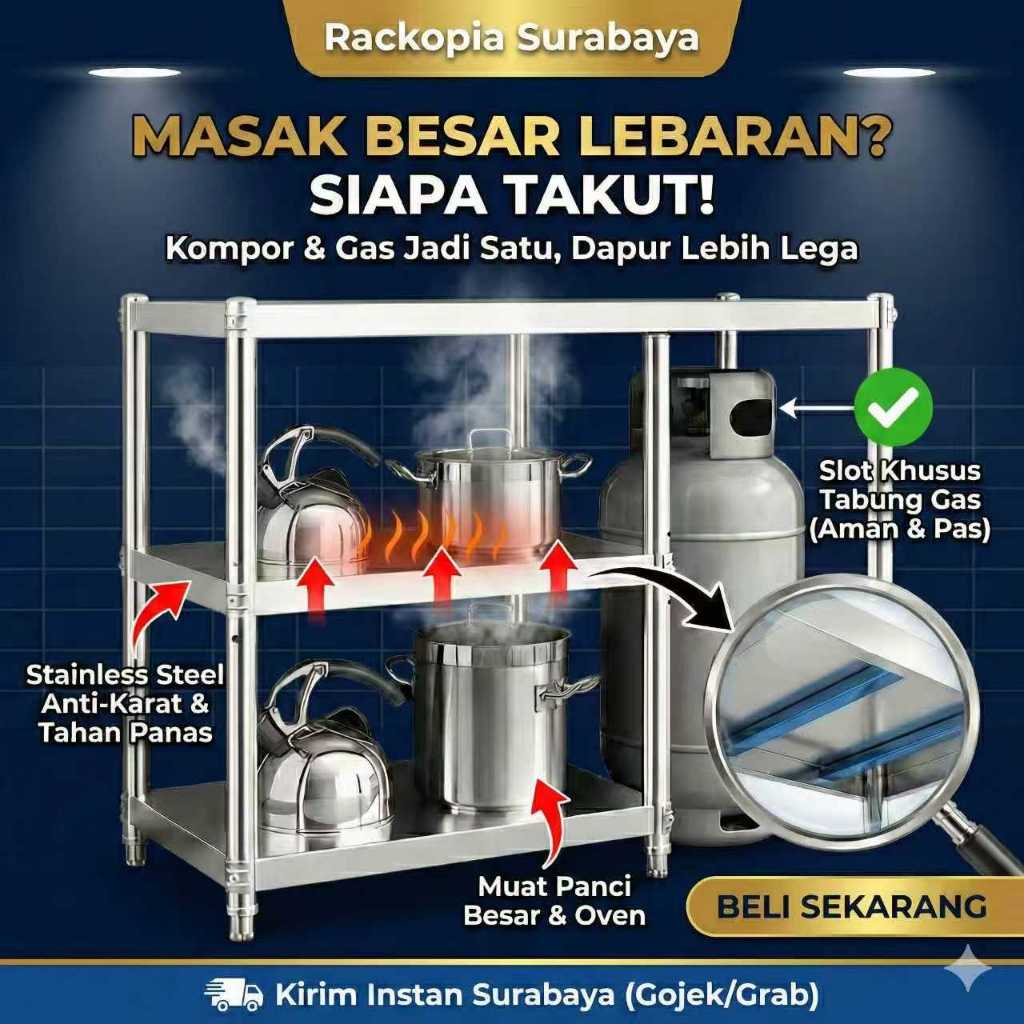 Meja Kompor SUS 304 3 Tungku Jumbo Muat Oven Heavy Duty Anti Karat COD Ready Surabaya