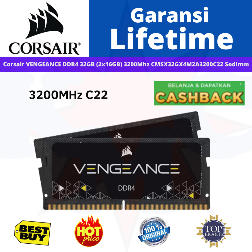 Corsair Sodimm Vengeance 32GB (2x16GB) DDR4 CMSX32GX4M2A3200C22