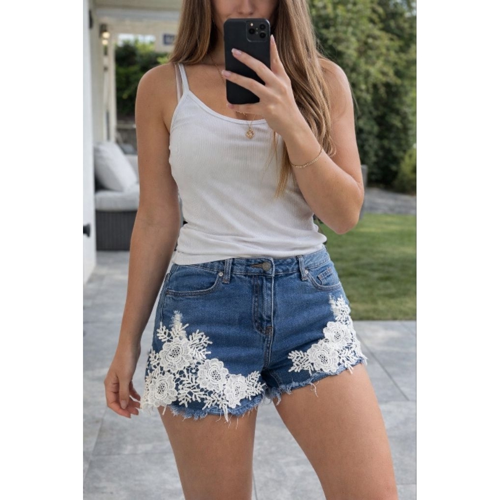 Celana Pendek Jeans Wanita Brukat Premium – Hotpants Denim Renda | High Waist Kekinian | Celana Jean