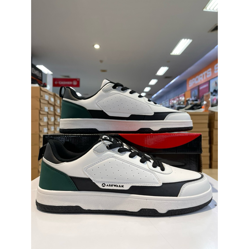 sepatu sneaker pria Airwalk Domino berwarna putih, hitam, dan hijau
