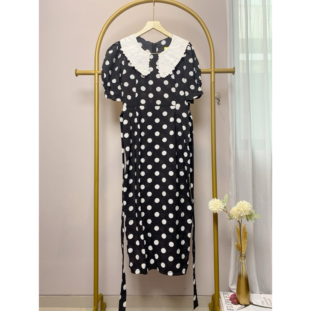 Preloved Long Dress Maxi Lengan Balon Pendek Kerah Sailor Kekinian Korean Style Vintage Hitam Black 