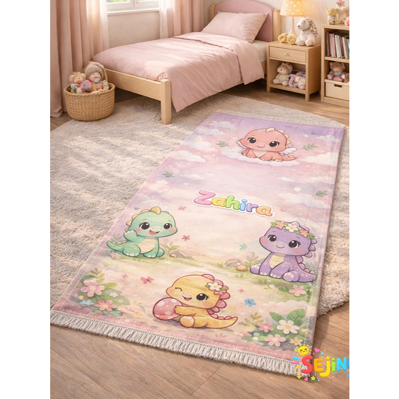 Sajadah Anak Custom Nama Full Printing Kanvas Mix Anti Slip 50x90cm Desain Unik Spesial Dino Series 