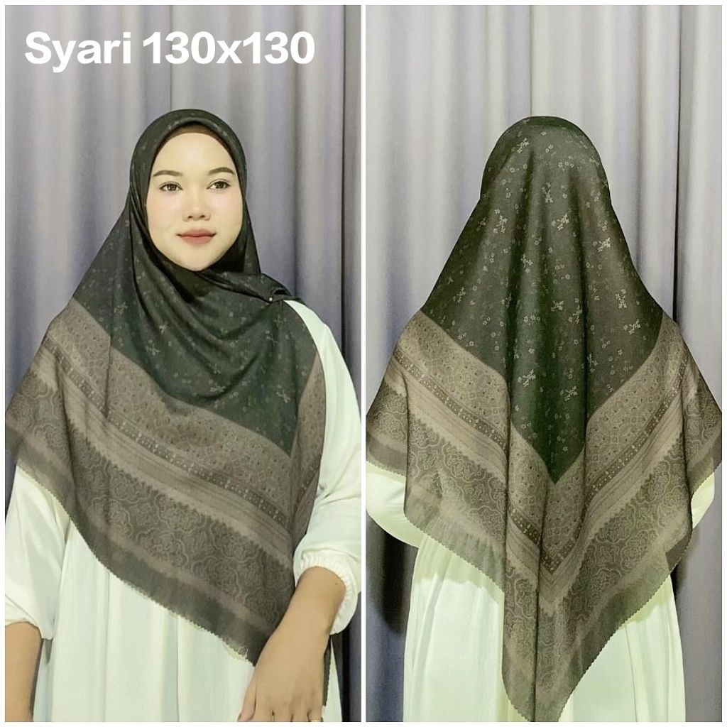 HIJAB SYAR'I SEGI EMPAT VOAL MOTIF BUNGA KECIL COKELAT KEHITAMAN UK 130X130 JUMBO