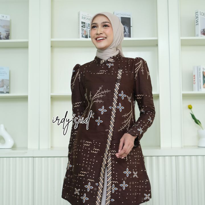 Atasaan Batik Wanita Modern Tunik Batik Model Janggan Lengan Panjang Tunik Cendana  - Irdy's.id