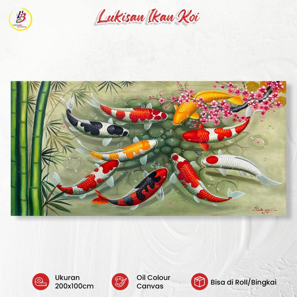 Lukisan Bandung Lukisan Ikan Koi Panoramic 200x100cm Handmade Oil on Canvas