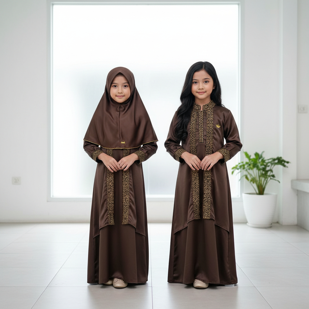 fastbuykids - Gamis Abaya Anak Perempuan Bahan Satin Bordir Layer Usia 1-12 tahun Terbaru Ramadhan L