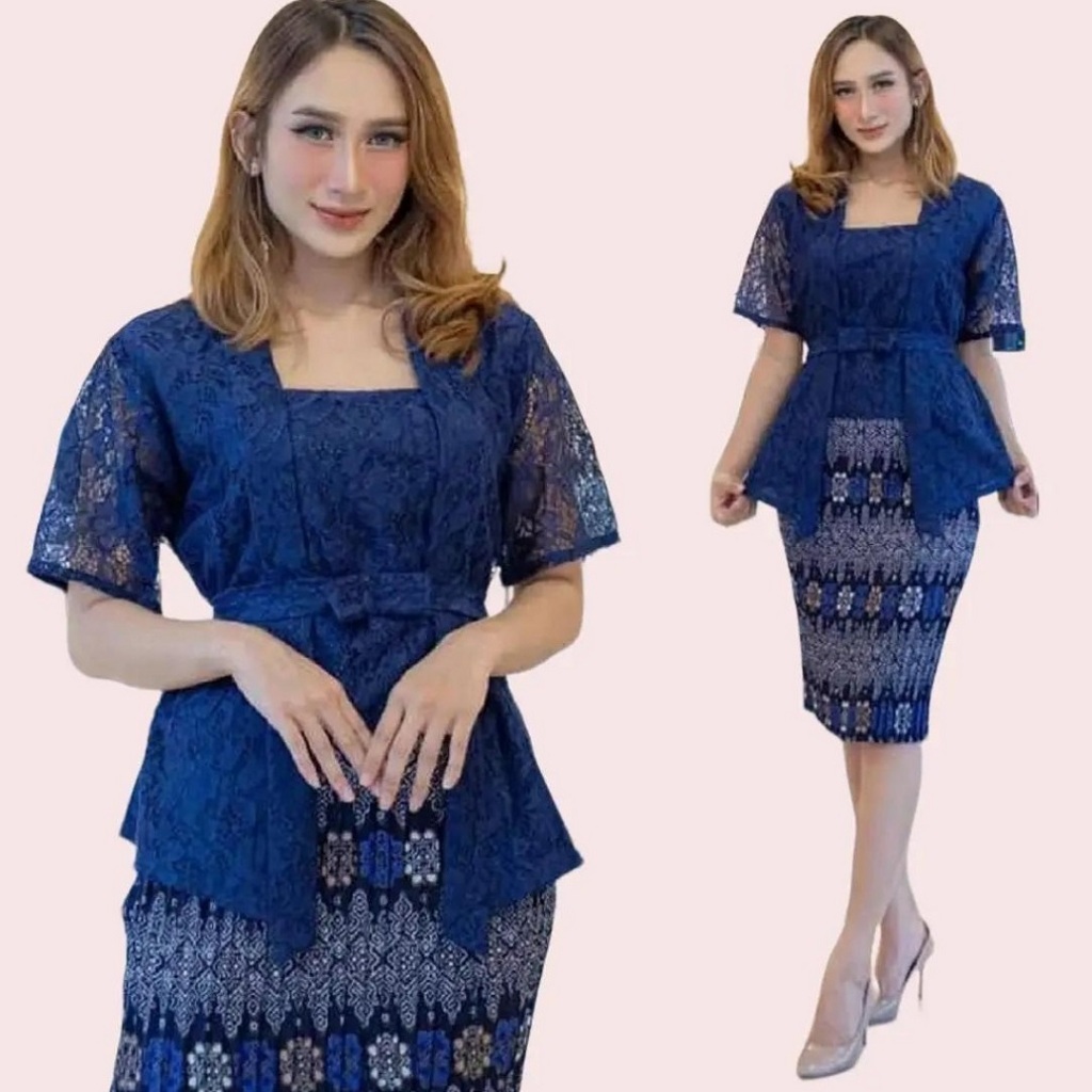 Setelan Kebaya Wanita Model Kutu Baru Lengan Pendek Bahan Brokat Premium Warna Navy