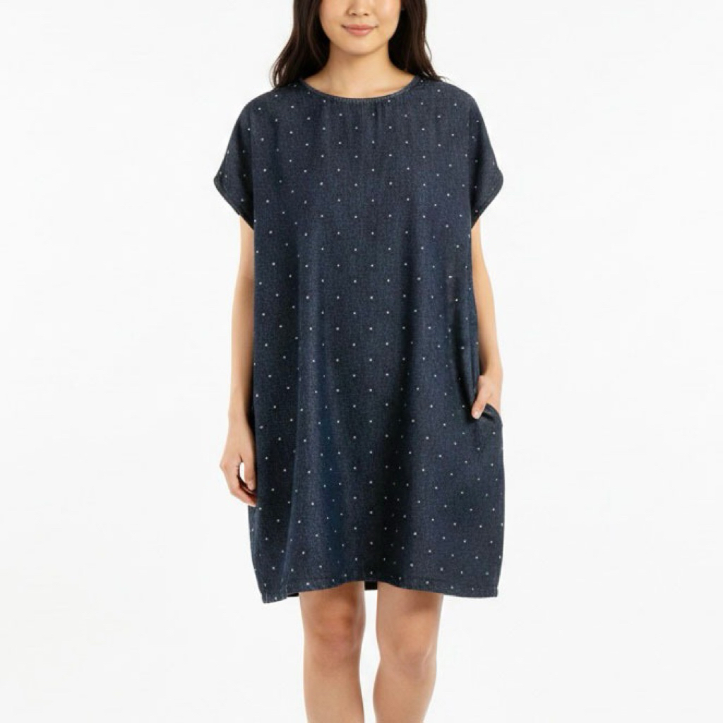 DRESS DENIM JEANS MIDI KUTUNG POLKA DOT KOREA IMPORT
