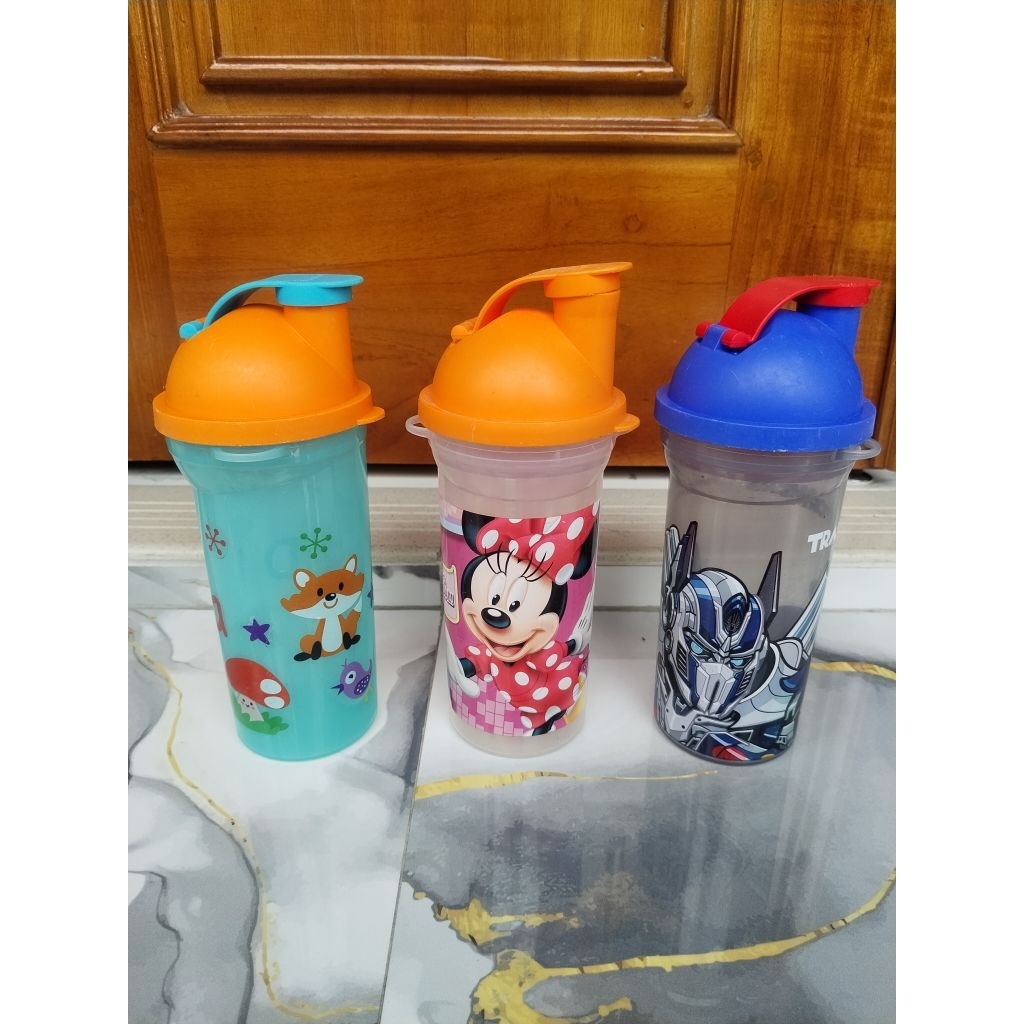 botol minum anak kiddos mickey minnie, transformer, dan tiwi tupperware second preloved