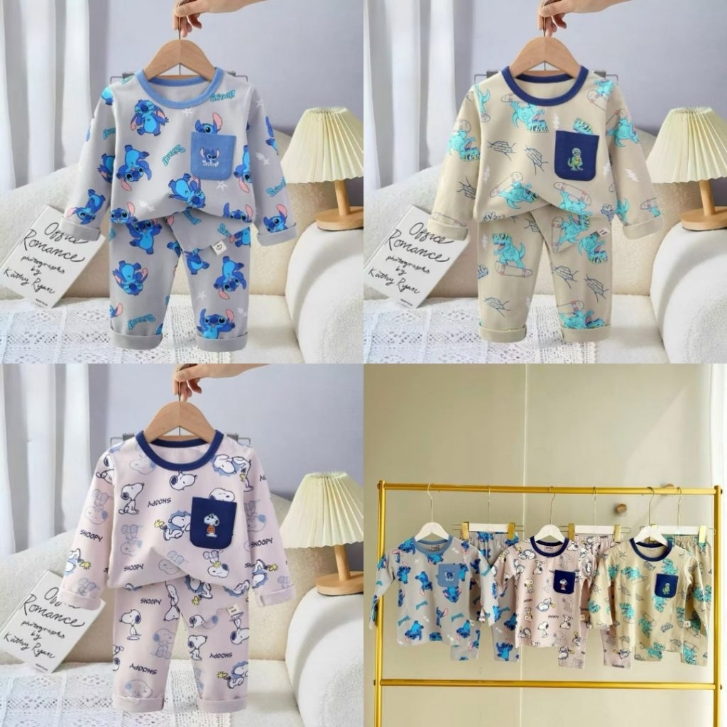 Lafleurkids Boy Pajamas | Size 1-10y | Baju Tidur Anak Laki-Laki | Sleepwear Sleepsuit Stitch Dino S