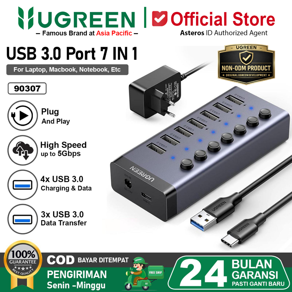 UGREEN HUB USB 3.0 Splitter 7 IN 1 LED 12V Charging & Transfer 90307