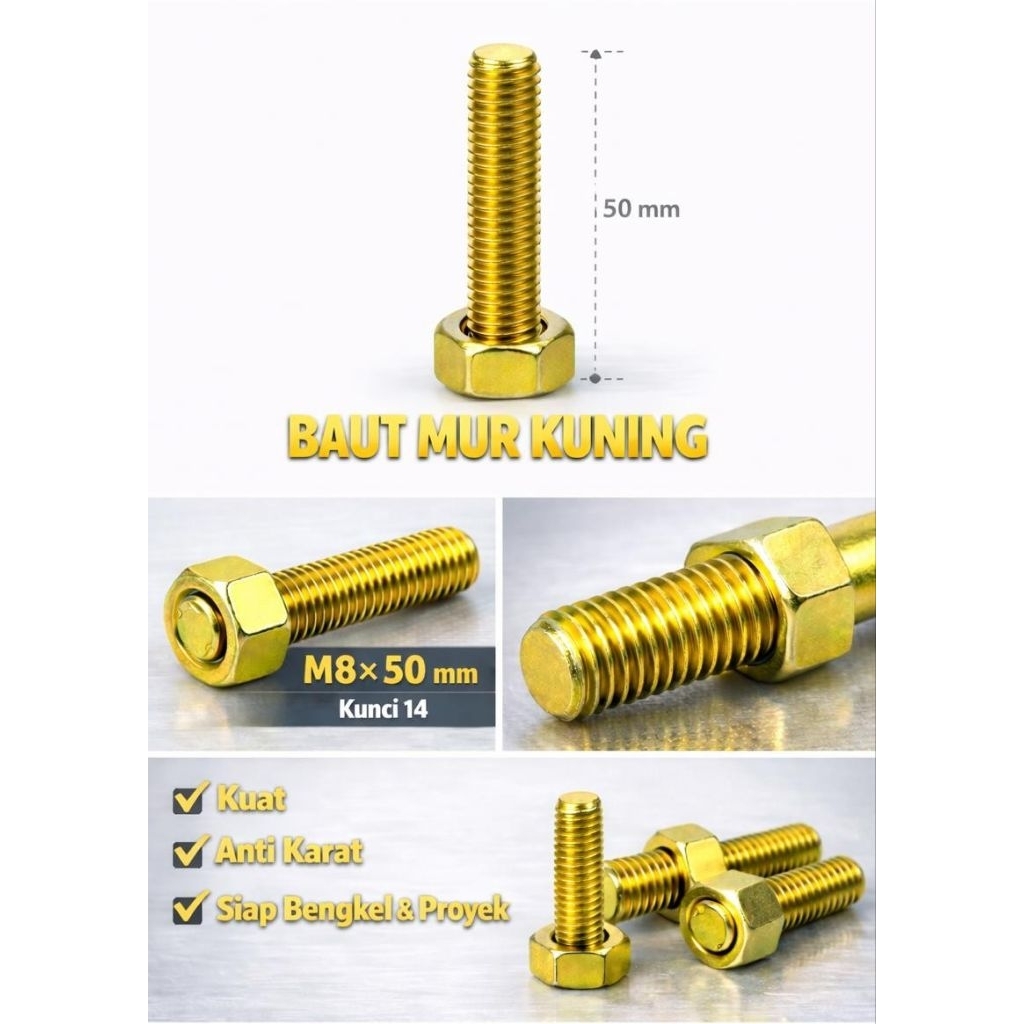 Baut Mur / Mur Baut / Baut Mur M8x50mm / Baut Mur Kuning