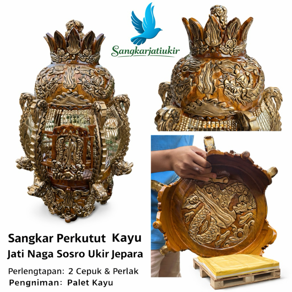 Sangkar Perkutut Full Ukir Naga Sosro Kayu Jati Jepara Bonus 2 Cepuk & Karpet